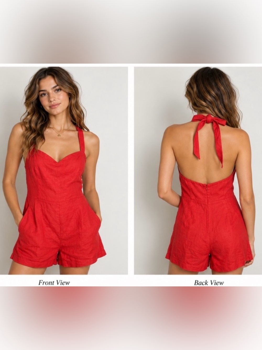 Boston Proper Red Linen Shorts Romper